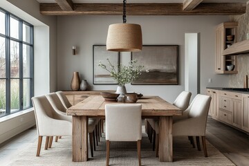 Fototapeta premium Elegant dining room design modern home interior cozy atmosphere wide angle view