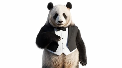 Elegant Panda in Tuxedo - A charming giant panda poses elegantly in a black tuxedo and bow tie against a clean white background. The panda's posture and attire convey sophistication and humor.