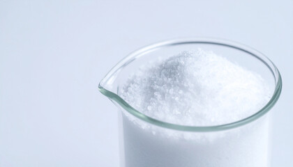 Transparent glass beaker with crystalline sodium chloride on white backdrop. Laboratory and science.