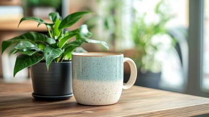 Enjoying a warm drink by a green plant home office still life cozy atmosphere view