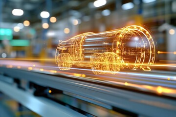Futuristic Truck Design: Glowing Wireframe on Conveyor Belt in Modern Factory