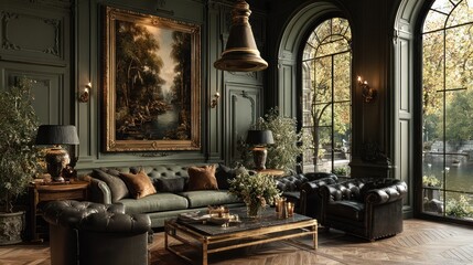 Obraz premium Luxurious dark green living room with large windows