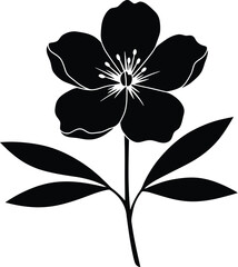 Elegant Black Flower Silhouette with Leaves on Transparent Background
