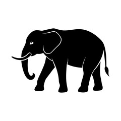 A striking silhouette of an African elephant in motion, showcasing its majestic form and tusks against a clean white background, perfect for design and illustrative purposes