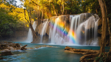 Obraz premium Majestic Waterfall with Rainbow Flowing in Lush Green Forest