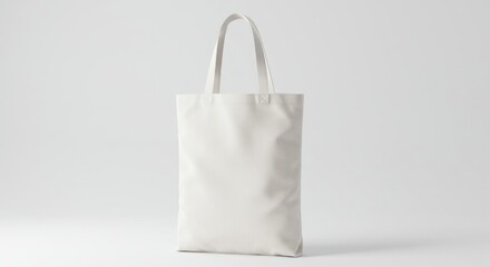 A simple, off-white tote bag stands upright against a plain white background.