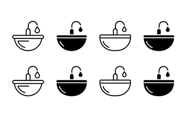 Set of Sink Icon Illustrations with Dripping Water in Black and White Minimalist Design Concept for Plumbing Fixtures