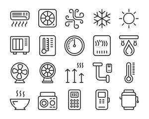 Set of Climate Control and HVAC System Icons Depicting Heating Ventilation Air Conditioning and Temperature Management for Indoor Environments