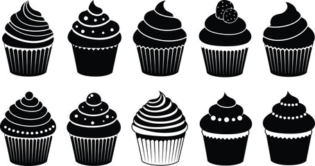 Cupcake Vector Icons Collection in Black and White on Transparent Background