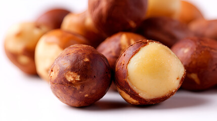 Closeup of a cluster of smooth, shiny nuts, one partially cracked open to reveal its creamy interior.