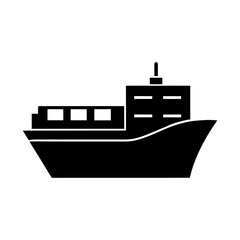 A simple, stylized black silhouette of a cargo ship carrying containers, representing global logistics, maritime transport, and international trade operations in a clean vector graphic