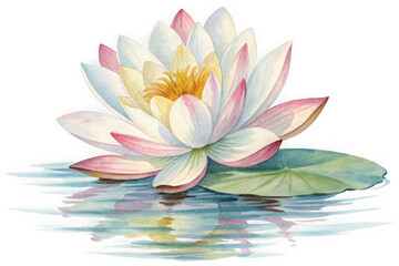Beautiful watercolor pink and white lotus flower with green leaves reflected in water isolated on transparent background