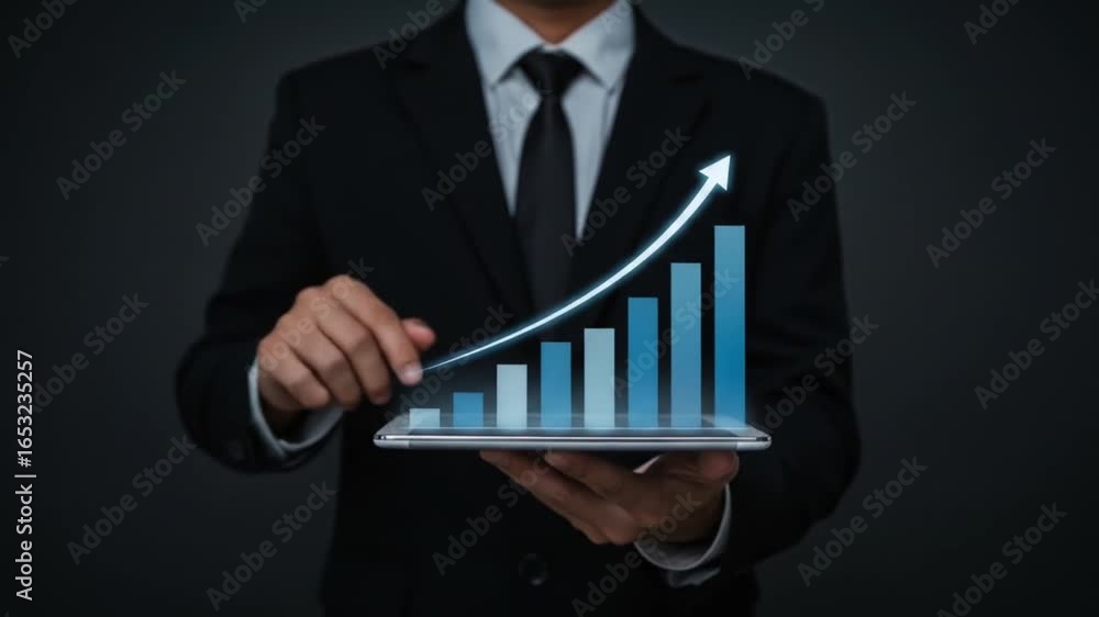 Aufkleber man in suit pointing at blue bar graph with upward arrow on tablet against dark background image