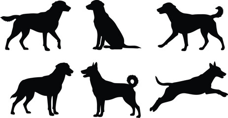 Collection of Dog Silhouettes in Various Poses on Transparent Background