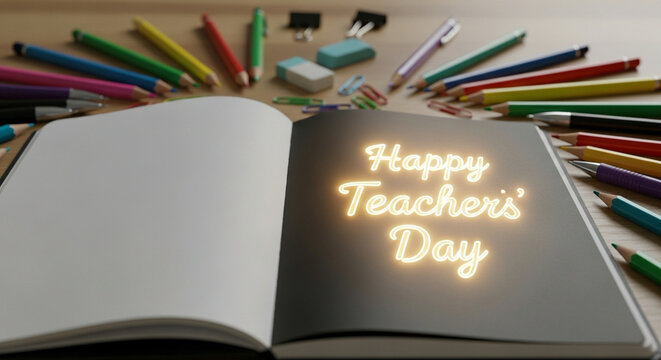 Open notebook with colorful pens and pencils arranged around, glowing text “Happy Teachers’ Day” in the center.