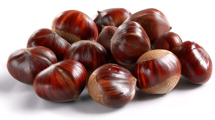 Pile of glossy, brown chestnuts with smooth shells, a rich autumnal harvest, and nutritious snack