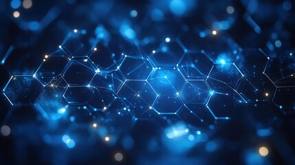Blue - toned Hexagonal Network with Connecting Lines and Glowing Dots for Tech Background 