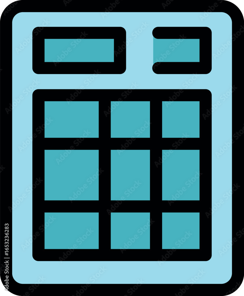Poster modern electronic calculator with buttons and display showing computing process