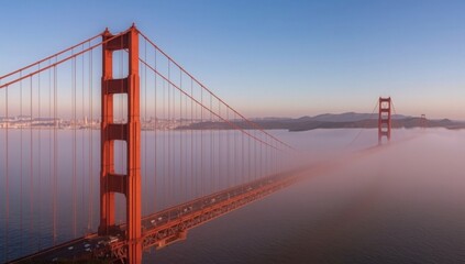 A scenic view of the golden gate bridge partially obscured by fog during a clear sky sunrise