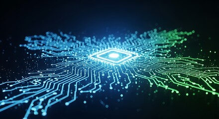 Abstract Glowing Digital Circuit Board with Central Processor and Blue Green Data Lines - Technology Background
