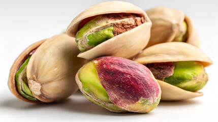 Pile of cracked pistachios. Close-up shot showcasing the vibrant green and red kernels of the nuts.