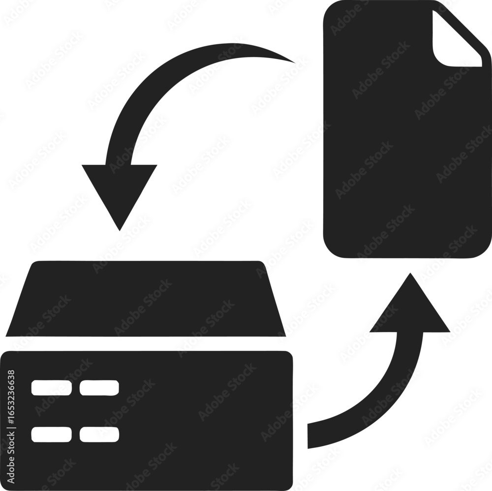 Poster server and file icon with transfer arrows isolated on white background
