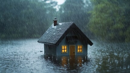 Fototapeta premium Small house with an umbrella roof in the rain, surrounded by water, representing home insurance and protection.