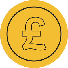 Pound Coin Icon in Gold with Black Outline on Transparent Background
