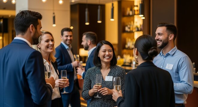 Happy multi-ethnic business people networking and socializing at a corporate reception, holding drinks and engaging in conversation.