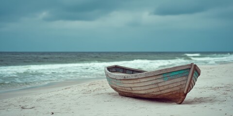 Naklejka premium Old wooden fishing boat resting on sandy beach by the sea under cloudy sky