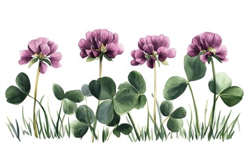 Watercolor painting of four purple clover flowers with green leaves and grass on white background