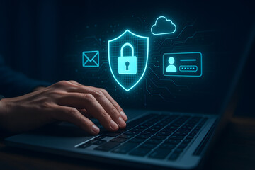 Cyber Security Concept with Hand Typing on Laptop and Digital Protection Icons