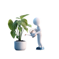 Stick figure watering a houseplant in a pot isolated on transparent background