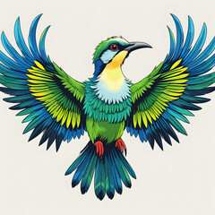 Obraz premium Vibrant Green Bird with Blue and Yellow Feathers Spread Wide