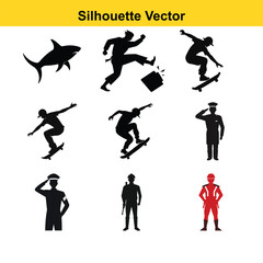 Diverse Silhouette Vector Graphics: Shark, Skaters, Soldiers, and Officer