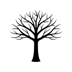 Obraz premium Elegant black silhouette of a bare, leafless winter tree with a thick trunk and intricate branches. Isolated vector graphic illustration and icon for nature, ecology, and seasonal design projects