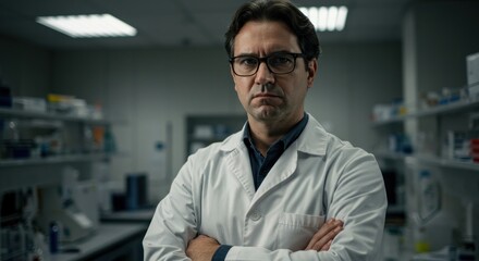 Serious scientist in lab coat, arms crossed, stands in a dimly lit laboratory.