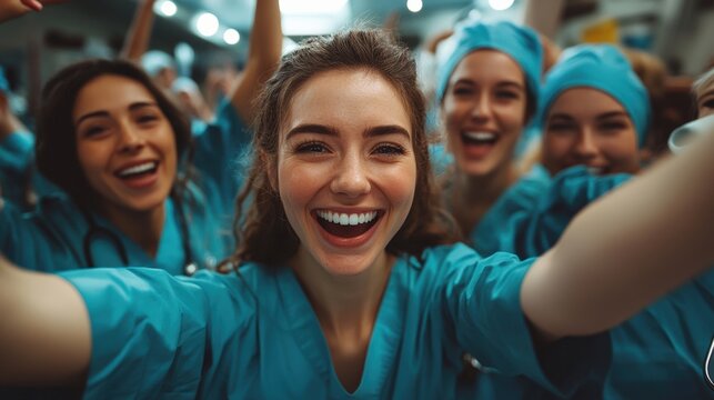 Celebrating nurses day healthcare workers joy hospital group bright environment