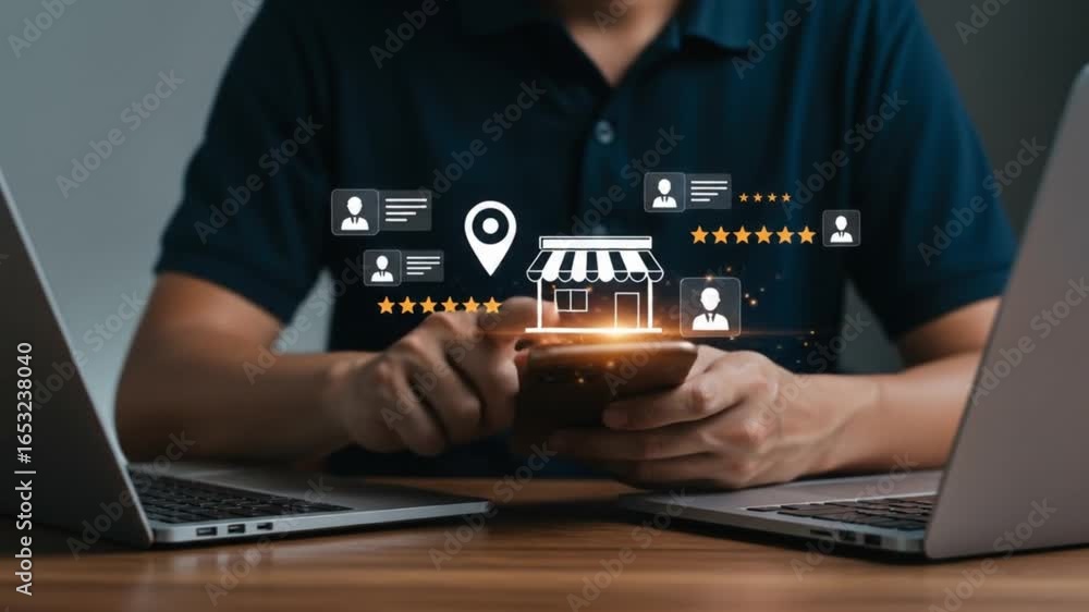 Poster man using smartphone with shop icon and customer reviews between two laptops on a wooden table