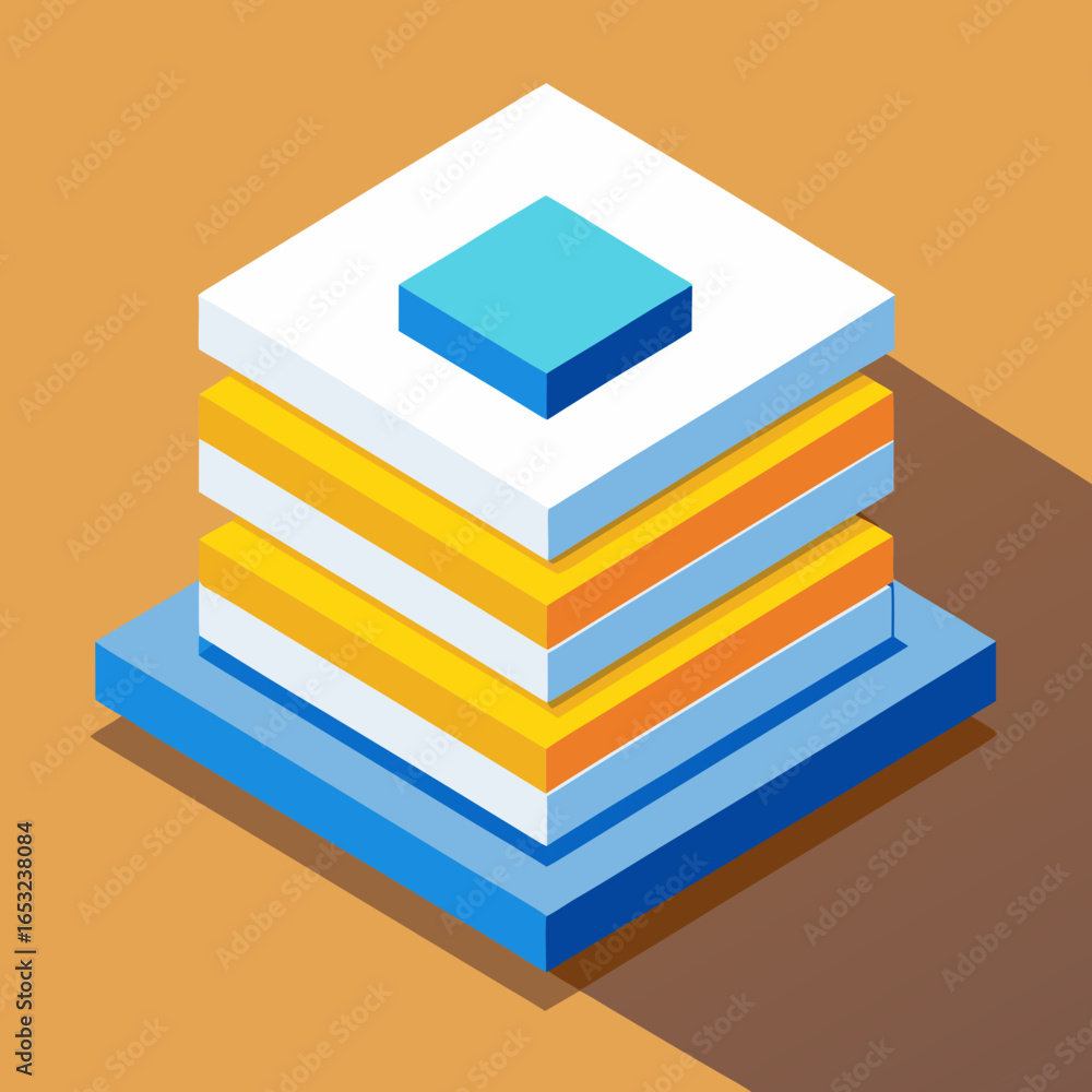 Poster abstract isometric stack of colorful geometric layers with a blue square on top