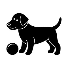 Black silhouette dog with ball vector illustration, playful puppy animal design for pet, fun, domestic, and countryside lifestyle themes