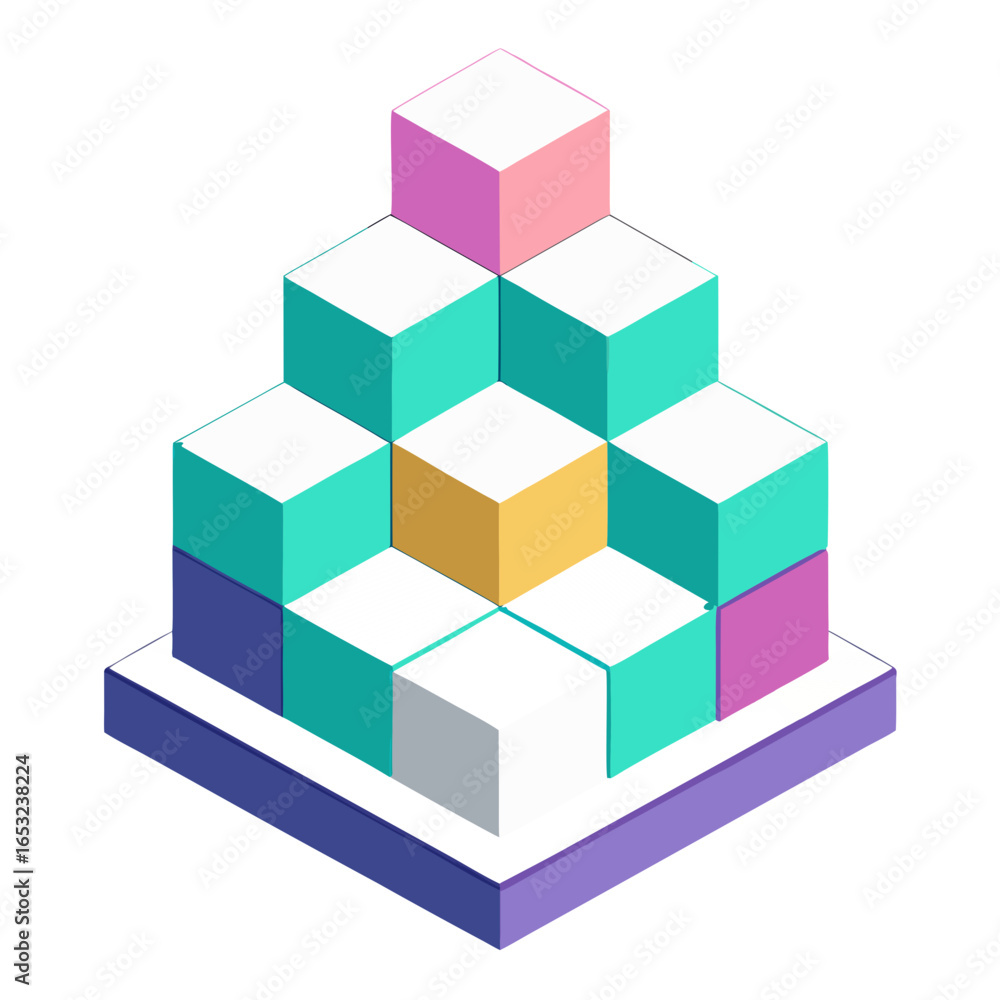 Poster isometric colorful cubes stacked in a pyramid shape on a platform