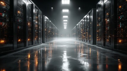 Fototapeta premium Modern data center corridor with glowing servers, cloud computing infrastructure and high performance technology storage for cybersecurity and information technology