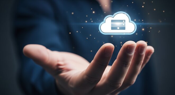 Human Hand Holding Glowing Cloud Computing Icon with Server Racks and Digital Particles