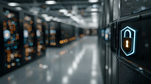 Data center servers with digital padlock symbol representing cybersecurity, firewall protection and cloud storage security in modern information technology infrastructure