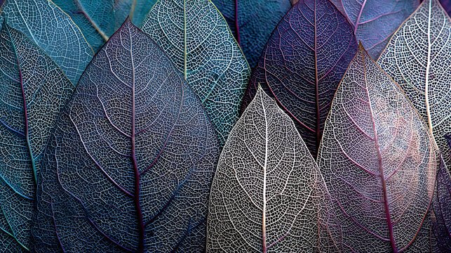Intricate skeletal leaf veins in deep blue and purple hues skeletal leaves macro - Powered by Adobe