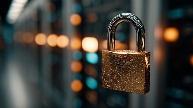 Golden padlock symbolizing data protection and cybersecurity, floating in front of blurred server racks inside a modern secure data center