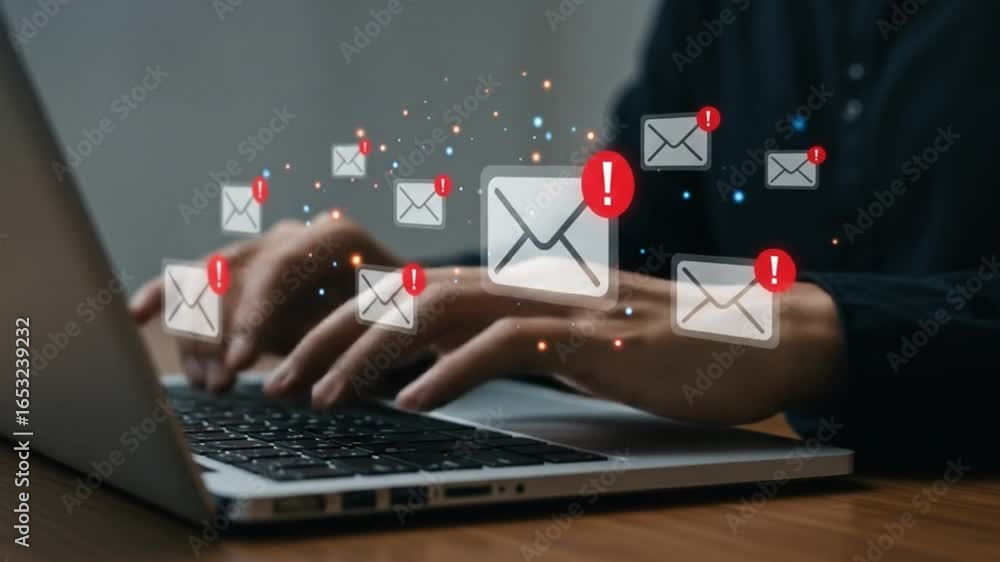Poster person typing on laptop with email notification icons floating above the keyboard and around the scr