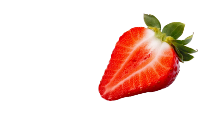 Transparent PNG format, isolated half of a red strawberry with seeds and fresh green calyx, realistic high-resolution style, clean edges, vivid natural colors, detailed texture, juicy fresh appearance