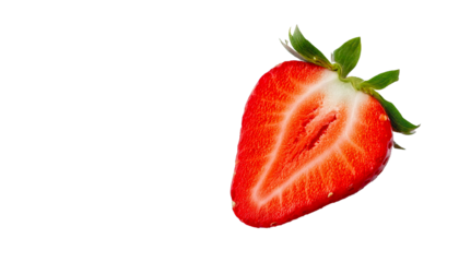 Transparent PNG format, isolated half of a red strawberry with seeds and fresh green calyx, realistic high-resolution style, clean edges, vivid natural colors, detailed texture, juicy fresh appearance